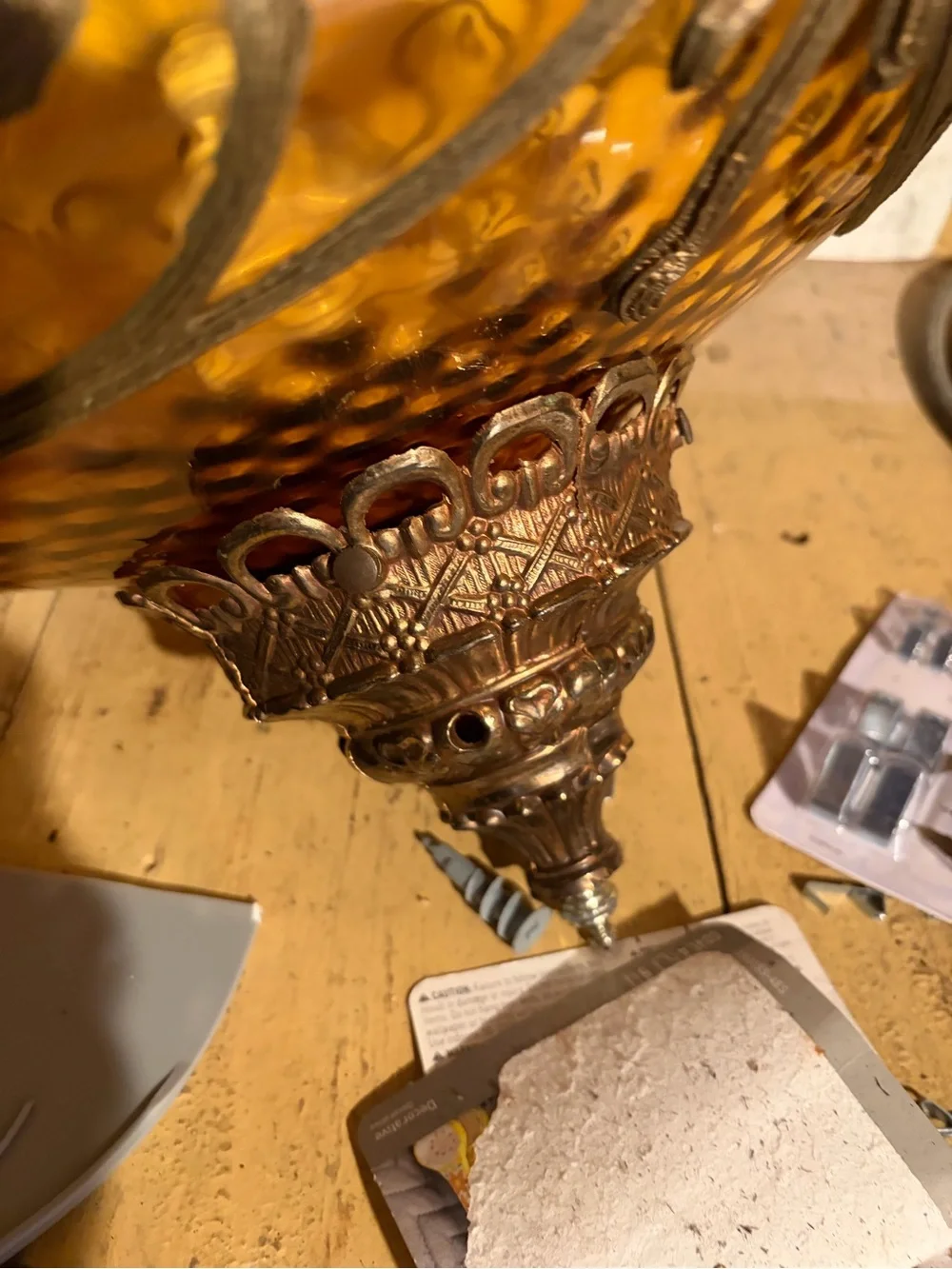 Amber Glass Table Lamp with Ornate Metal Filigree - Amber